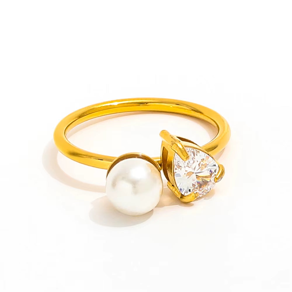 Trendy Fashion Ring with Water Drop Zircon Imitation Pearl 18K Gold Plated High End Stainless Steel for Gift
