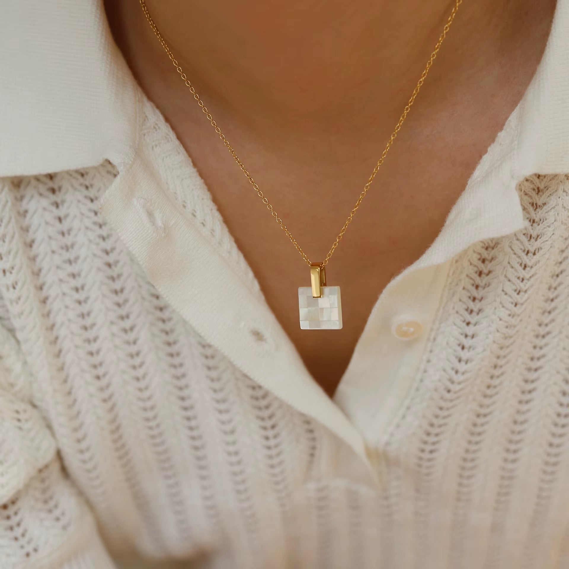 Joolim Jewelry 18K Gold Plated Mosaic Checkered Shell Square Pendant Necklace Stainless Steel Jewelry Wholesale Tarnish Free