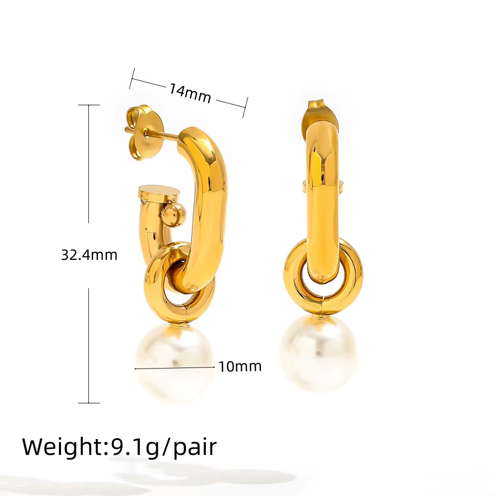 Joolim 18K Gold Plated Wholesale No Fade Elegant Detachable Teardrop round Pearl Hoop Earring Stainless Steel Jewelry