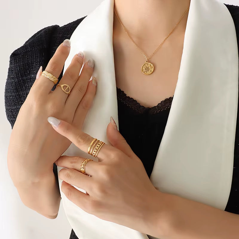 Joolim Jewelry 18K Gold Plated Sun Burst Moon Zirconia Coin Pendant O-Shape Chain Stainless Steel Necklace for Women