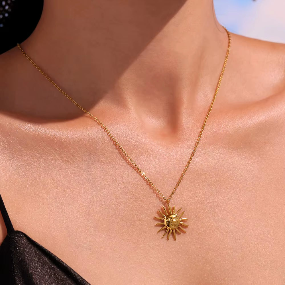 Joolim High End 18K PVD Gold Plated Waterproof Tarnish Free Sun Burst Face Pendant Stainless Steel Necklace