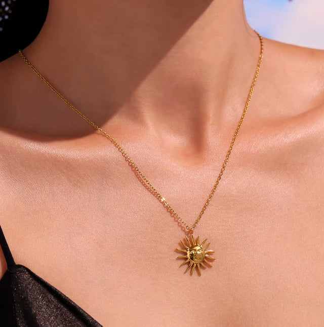 Joolim High End 18K PVD Gold Plated Waterproof Tarnish Free Sun Burst Face Pendant Stainless Steel Necklace