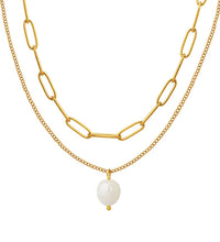 JOOLIM Ready to Ship High End 18K Gold Plated Stainless Steel Single Fresh Water Pearl Pendant Double-Layer Chain Necklace