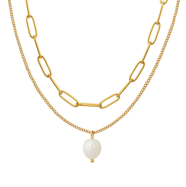 JOOLIM Ready to Ship High End 18K Gold Plated Stainless Steel Single Fresh Water Pearl Pendant Double-Layer Chain Necklace
