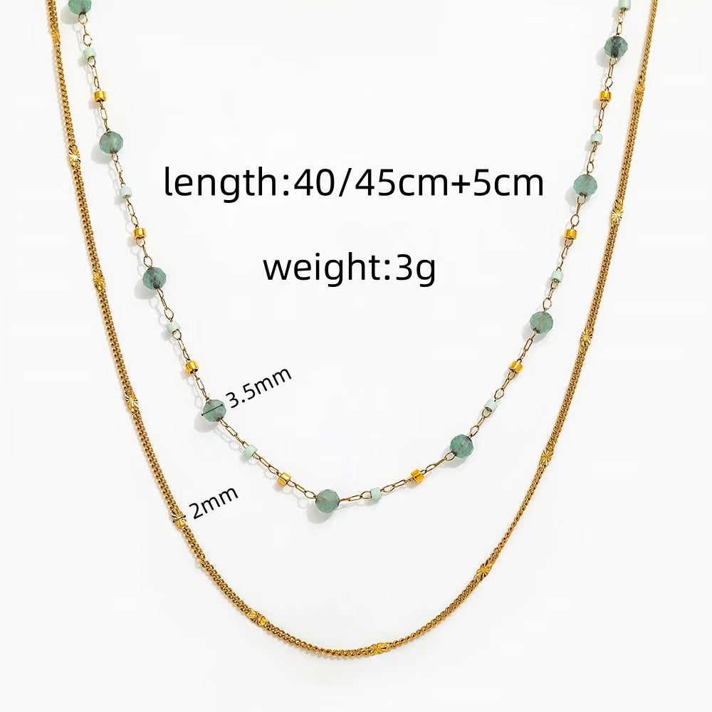 JOOLIM High End Stainless Steel Green Natrual Stone Double Layer Necklace 18K Gold Plated Jewelry Wholesale