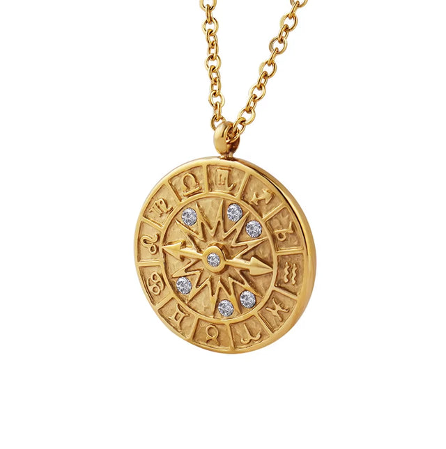 JOOLIM High End Stainless Steel Zirconia Zodiac Pointer Coin Pendant Necklace 18K Gold Plated Jewelry Wholesale