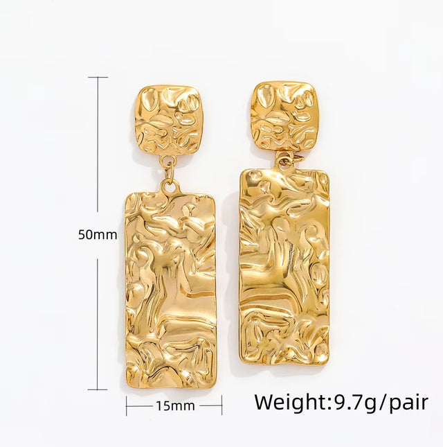 JOOLIM 18K PVD Gold Plated Dressy Big Rectangle Hammered Vintage Nugget Texture Drop Earring Stainless Steel Jewelry for Women