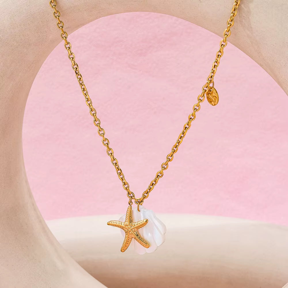 Joolim Jewelry 18K Gold Plated Dainty Chain Shell Star Fish Pendant Necklace Trendy Tarnish Free Gift