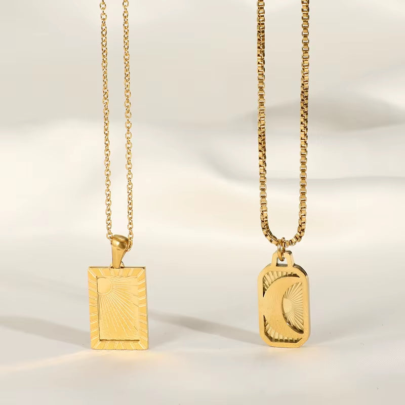 Joolim Jewelry 18K Gold Plated Sun Moon Burst Rectangle Pendant Necklace Stainless Steel Trendy Jewelry