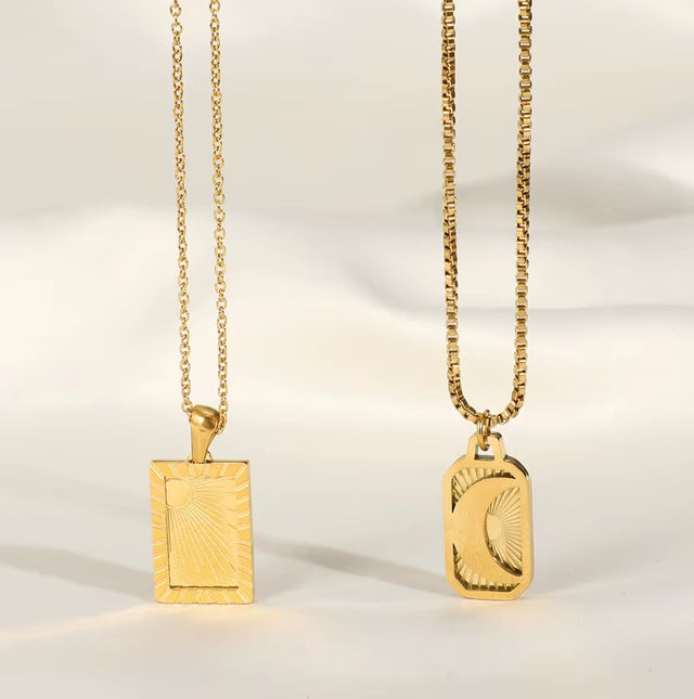Joolim Jewelry 18K Gold Plated Sun Moon Burst Rectangle Pendant Necklace Stainless Steel Trendy Jewelry
