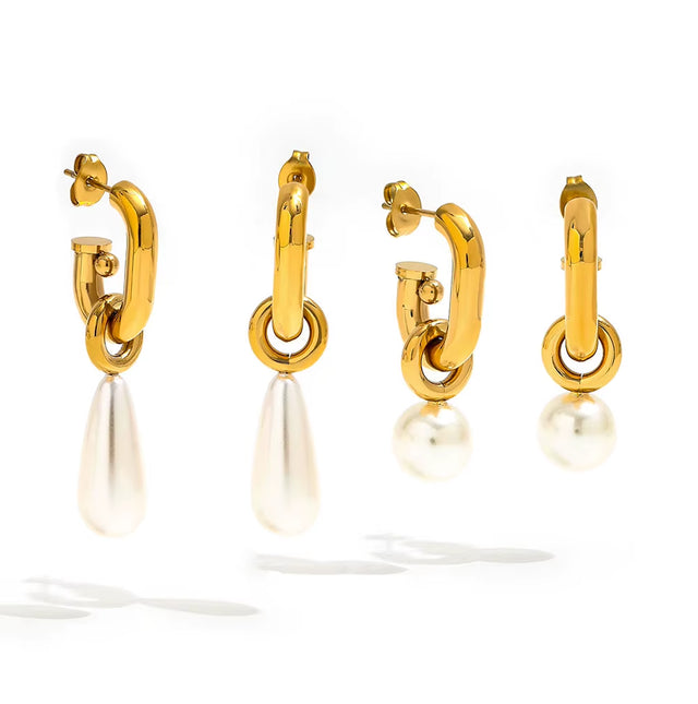 Joolim 18K Gold Plated Wholesale No Fade Elegant Detachable Teardrop round Pearl Hoop Earring Stainless Steel Jewelry