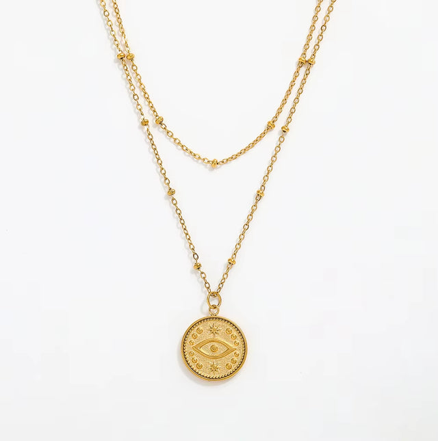 Joolim Jewelry 18K Gold Plated 2 Rows Eye Pendant Necklace Multi Layer Necklace Trendy Jewelry