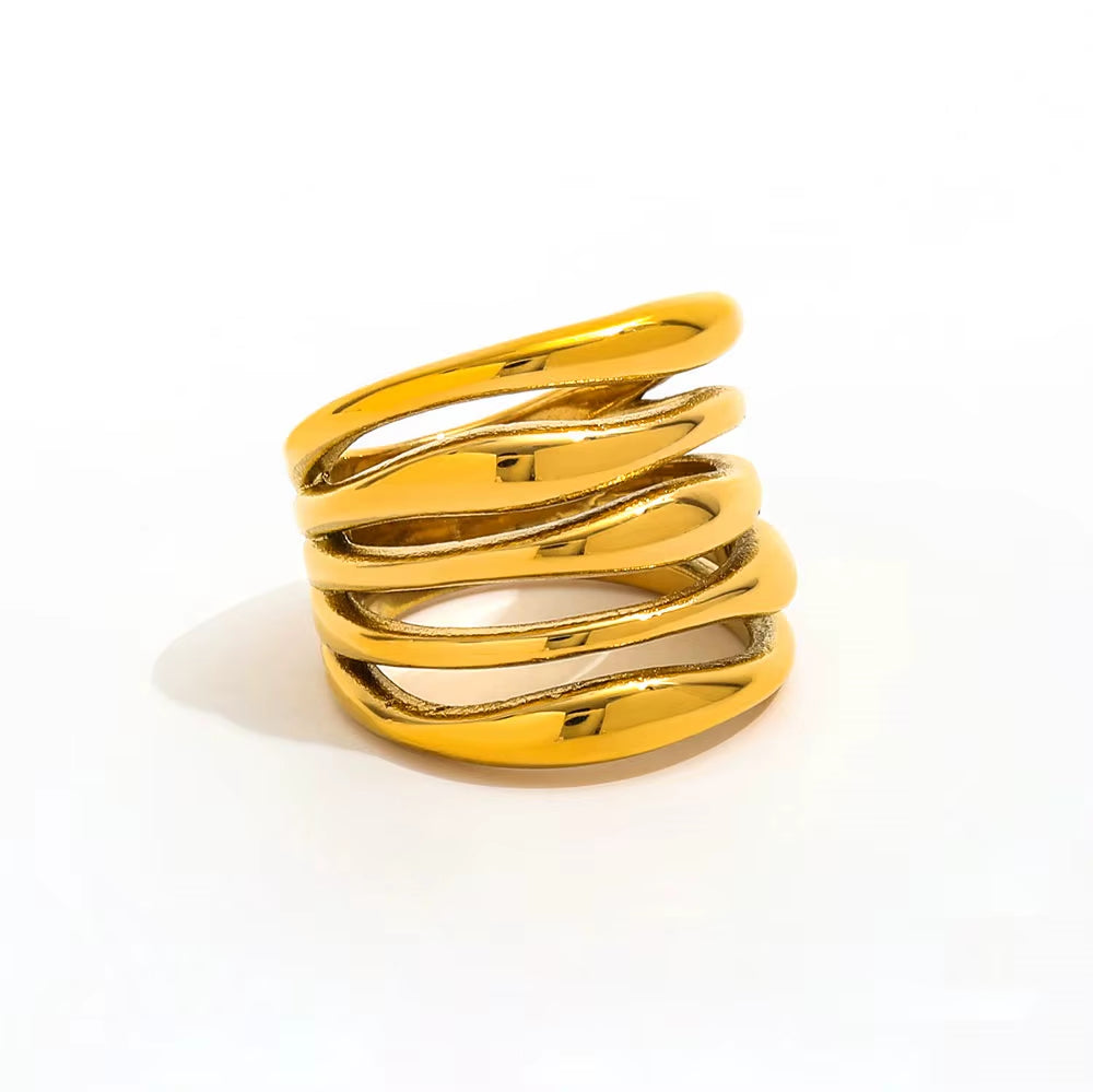 Tarnish Free High End 18K Gold Plated Hollow Multi-Layer Statement Band Ring for Women Stainless Steel Jewelry Gift Wholesale