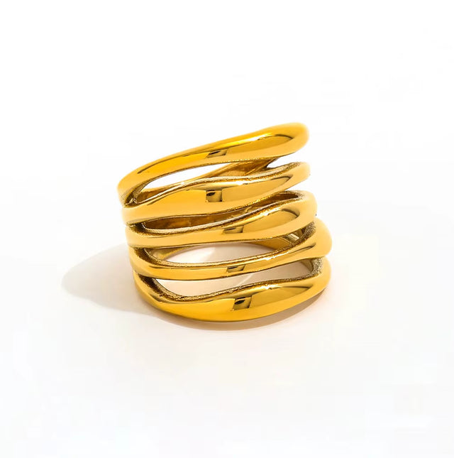 Tarnish Free High End 18K Gold Plated Hollow Multi-Layer Statement Band Ring for Women Stainless Steel Jewelry Gift Wholesale
