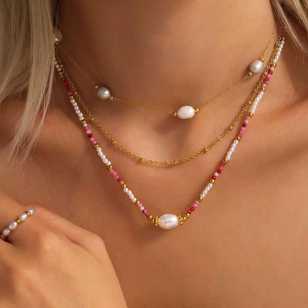 JOOLIM High End Stainless Steel Style Colorful Natural Stone Section Vintage Necklace 18K Gold Plated Jewelry Wholesale