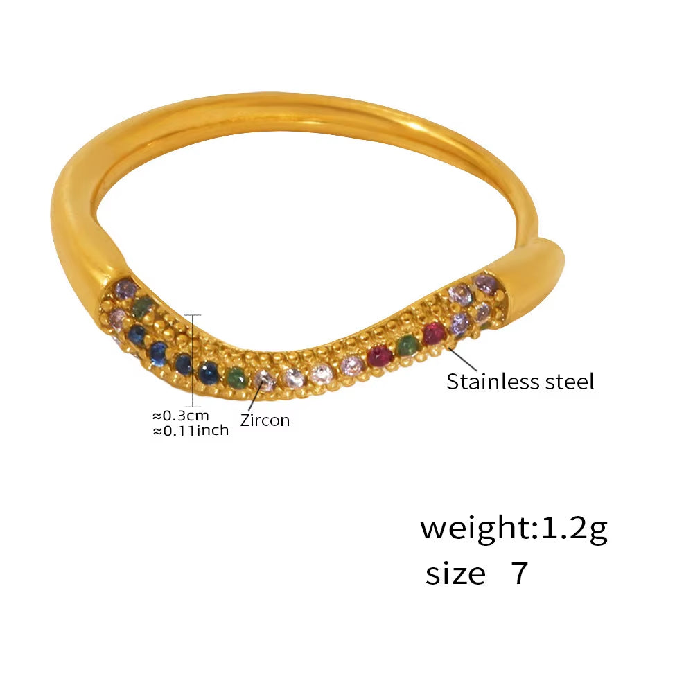 High End 18K Plain Gold Colorful Row Micro Half Pave Zircon Waved Ring Stainless Steel Trendy Simple Gold Plated Jewelry Gift