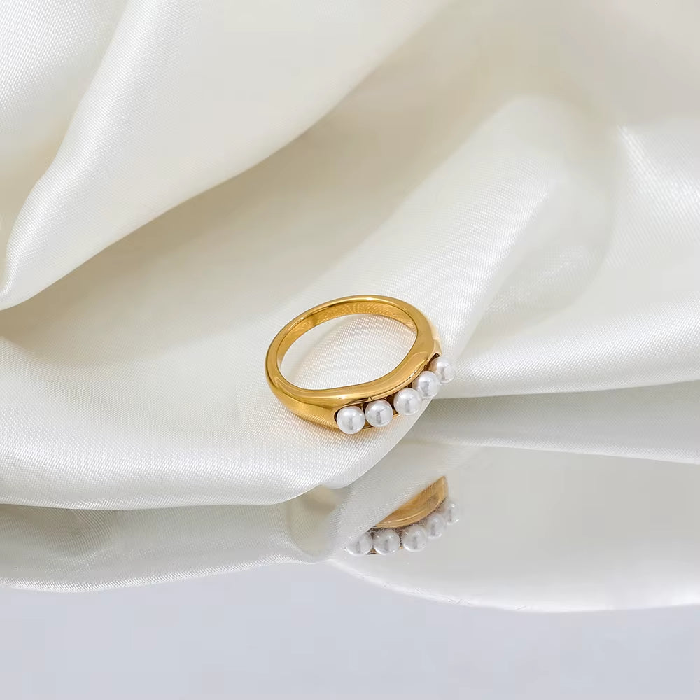 Joolim Jewelry Wholesale 18K Gold Plated Dainty Little Fresh Water Pearl Stainless Steel Rings for Women Statement Rings