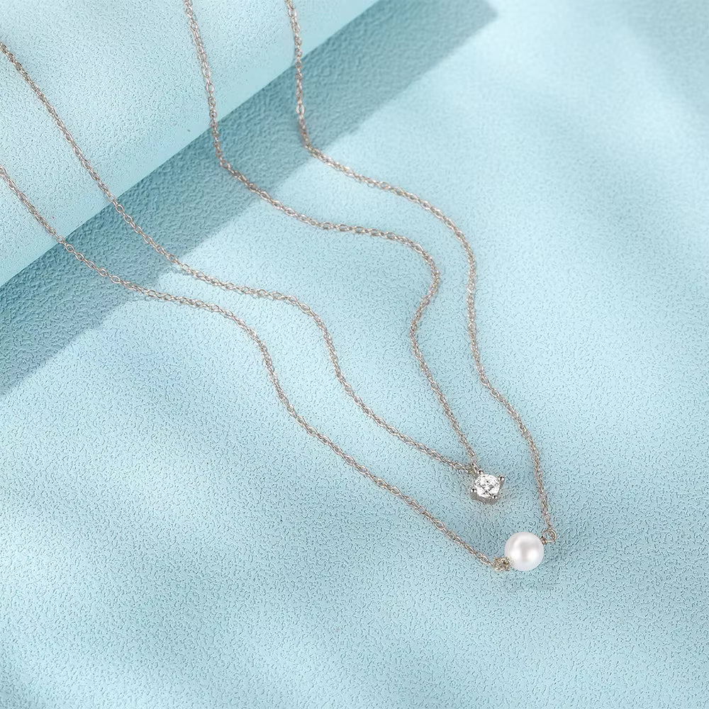 925 Sterling Silver 4 Claws round Single Zirconia Pearl Pendant Double-Layer Necklace Mini Style Silver Fashion Jewelry