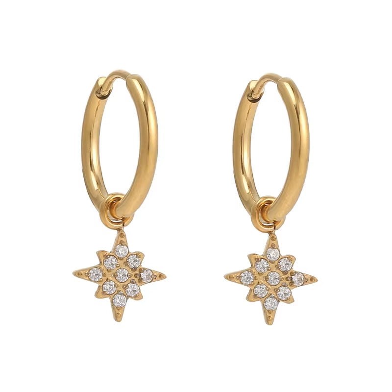 18K Pvd Dainty Elegant CNC Cubic Zirconia Pave Heart Waterdrop Starburst Cross Stainless Steel Hoop Earring Fine Jewelry