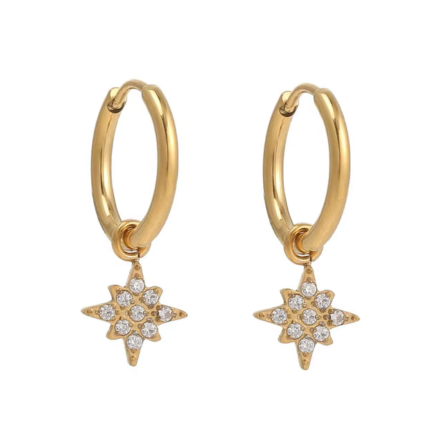 18K Pvd Dainty Elegant CNC Cubic Zirconia Pave Heart Waterdrop Starburst Cross Stainless Steel Hoop Earring Fine Jewelry