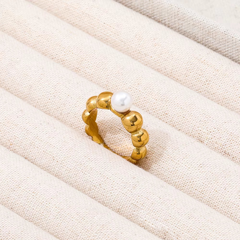 High End 18K Gold Plated One Pearl Bead Gradient Bubble Rings Stainless Steel Jewelry Trendy Finger Ring