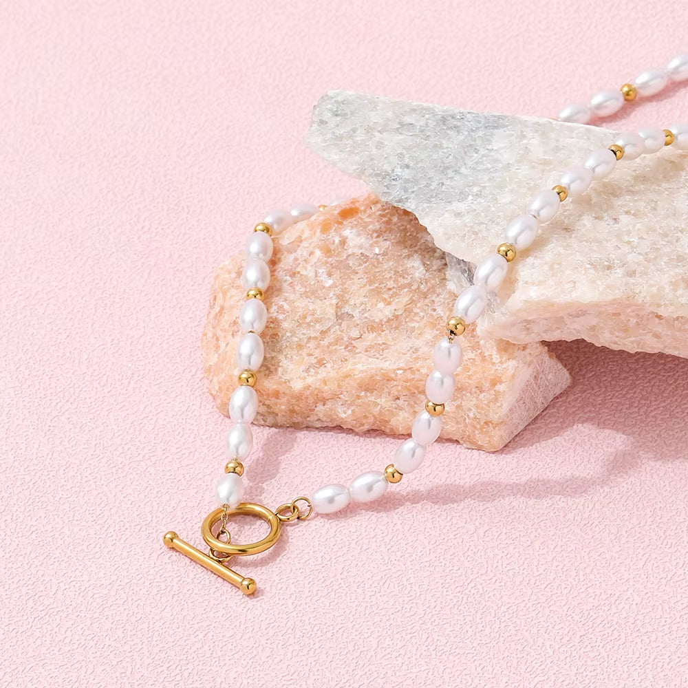 Joolim 18K Gold Plated Stainless Steel Pearl String Toggle Necklace Jewelry Wholesale Tarnish Free & Waterproof