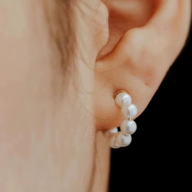 Joolim Jewelry round Glass Pearl Hoop Earring 18K Gold Plated Stainless Steel Women Earring for Women