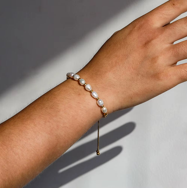 18K PVD Gold Plated Adjustable Real Fresh Water Pearl Adjustable Chain Stainless Steel Bracelet