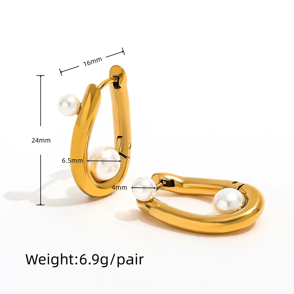 Joolim 18K Gold Plated Wholesale Waterproof Fashion Elegant Irregular U-Shaped Pearl Huggie Earring Stainless Steel Jewelry
