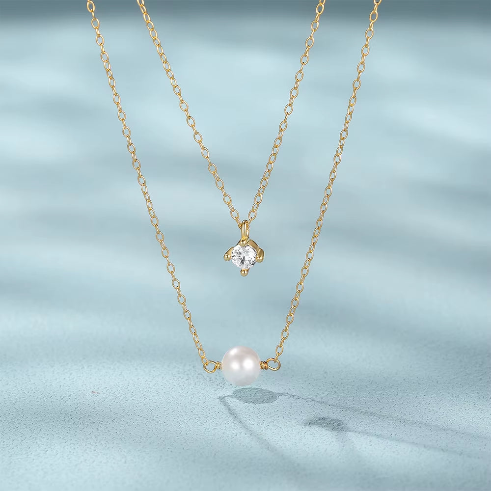 925 Sterling Silver 4 Claws round Single Zirconia Pearl Pendant Double-Layer Necklace Mini Style Silver Fashion Jewelry