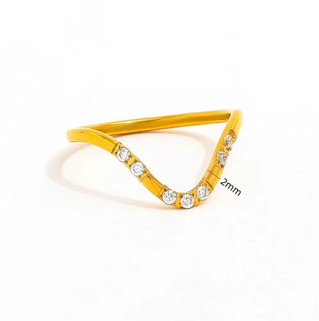 Joolim Jewelry Wholesale 18K Gold Plated Dainty 8 Zirconia CNC Inlay Waved Lines Stainless Steel Ring for Women Gift