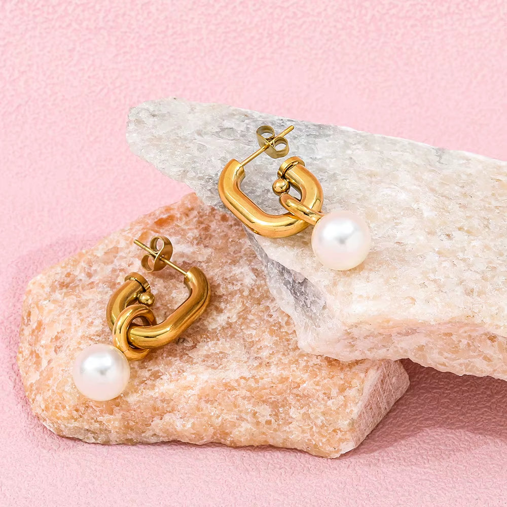 Joolim 18K Gold Plated Wholesale No Fade Elegant Detachable Teardrop round Pearl Hoop Earring Stainless Steel Jewelry