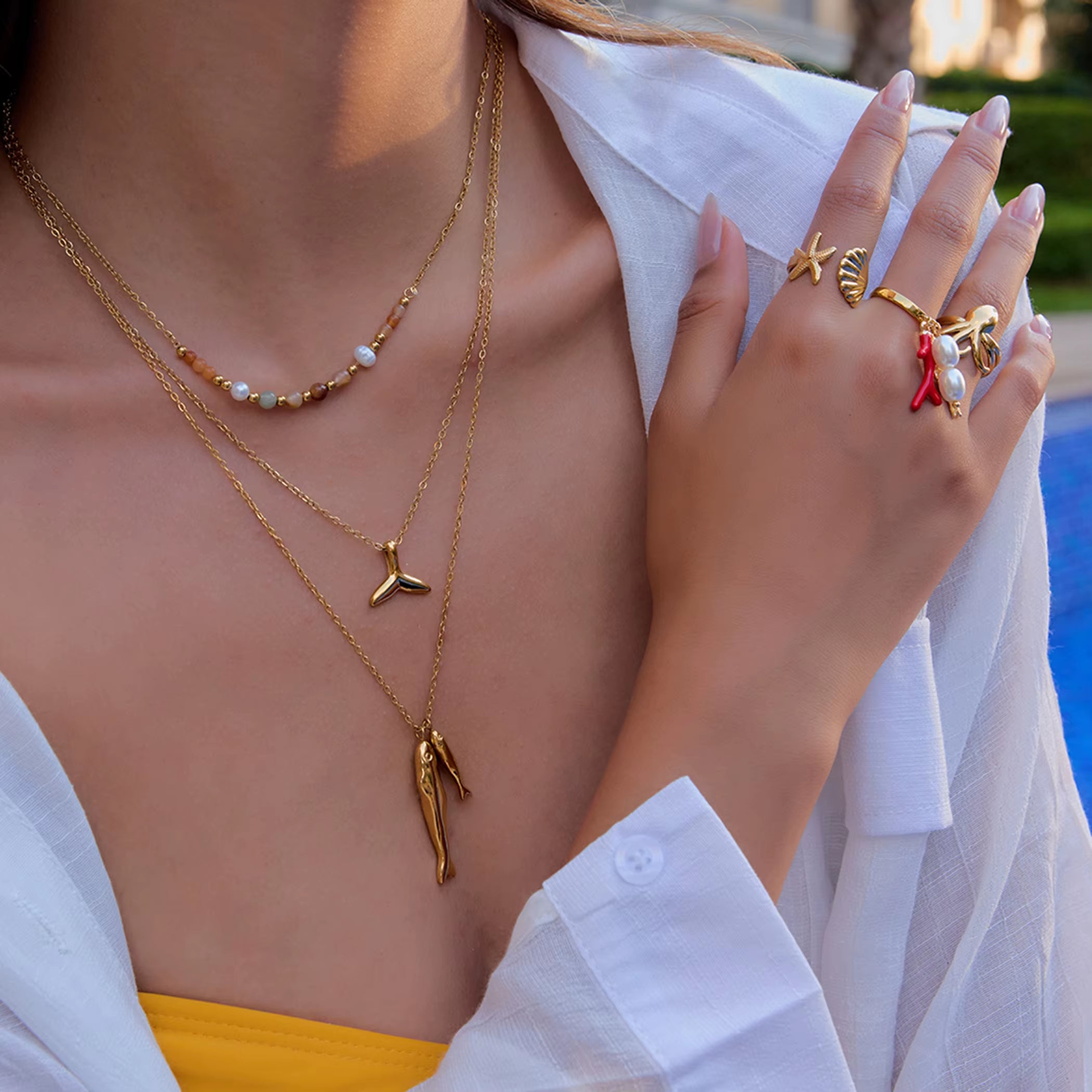 18K Gold Two Fish Pendant Necklace for Women - Hypoallergenic Stainless Steel Beach Style Jewelry