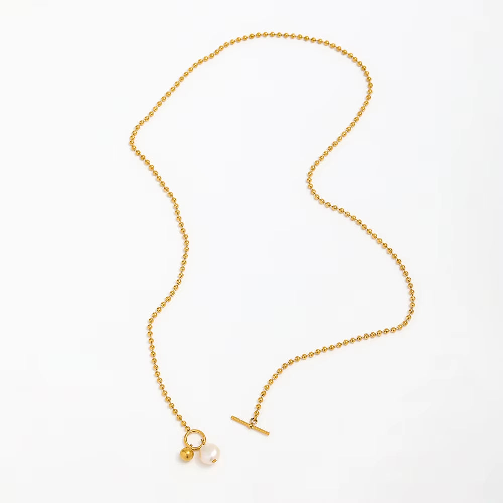 Joolim Jewelry 18K Gold Plated Fresh Water Pearl Pendant Toggle Bead Chain Necklace Stainless Steel Jewelry