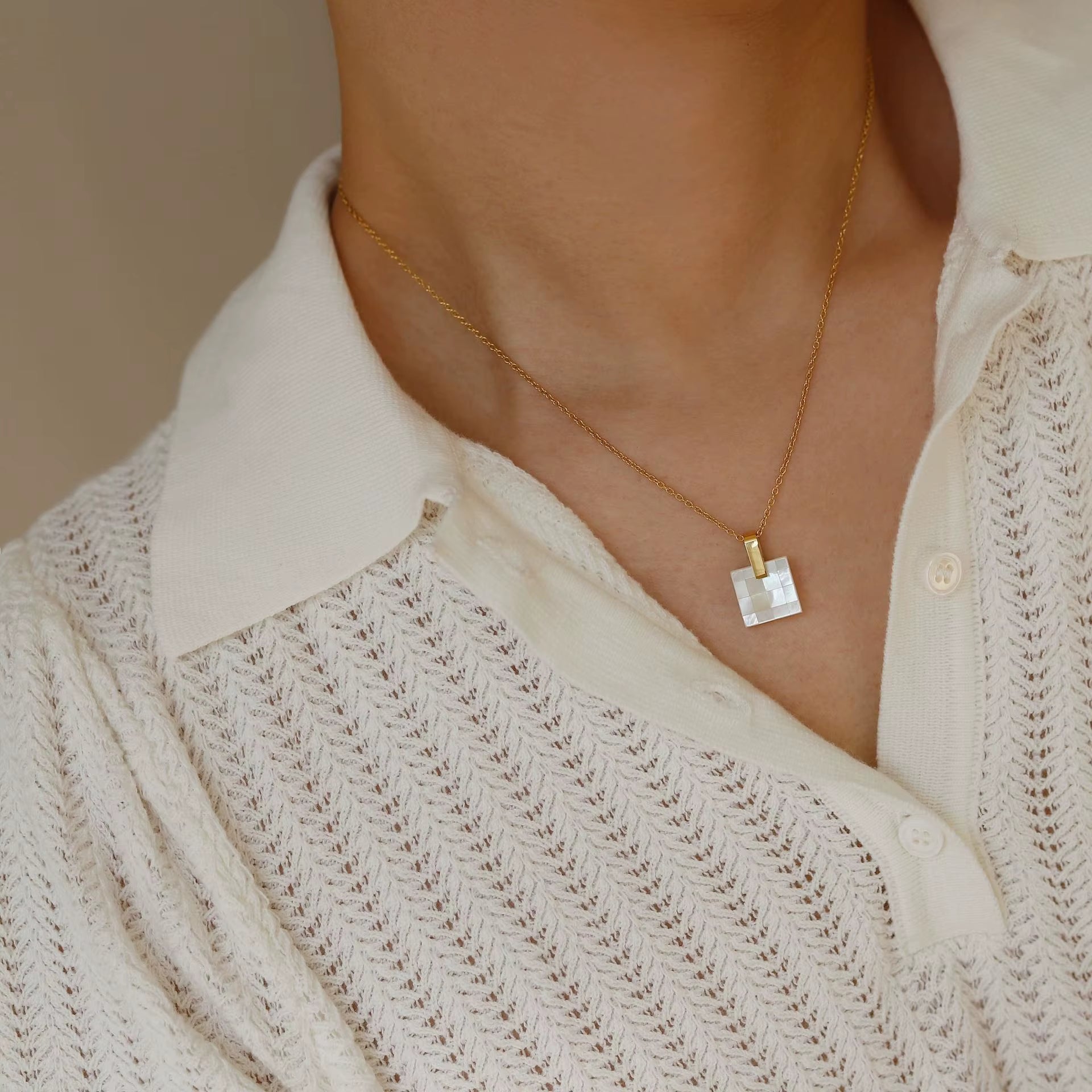 Joolim Jewelry 18K Gold Plated Mosaic Checkered Shell Square Pendant Necklace Stainless Steel Jewelry Wholesale Tarnish Free