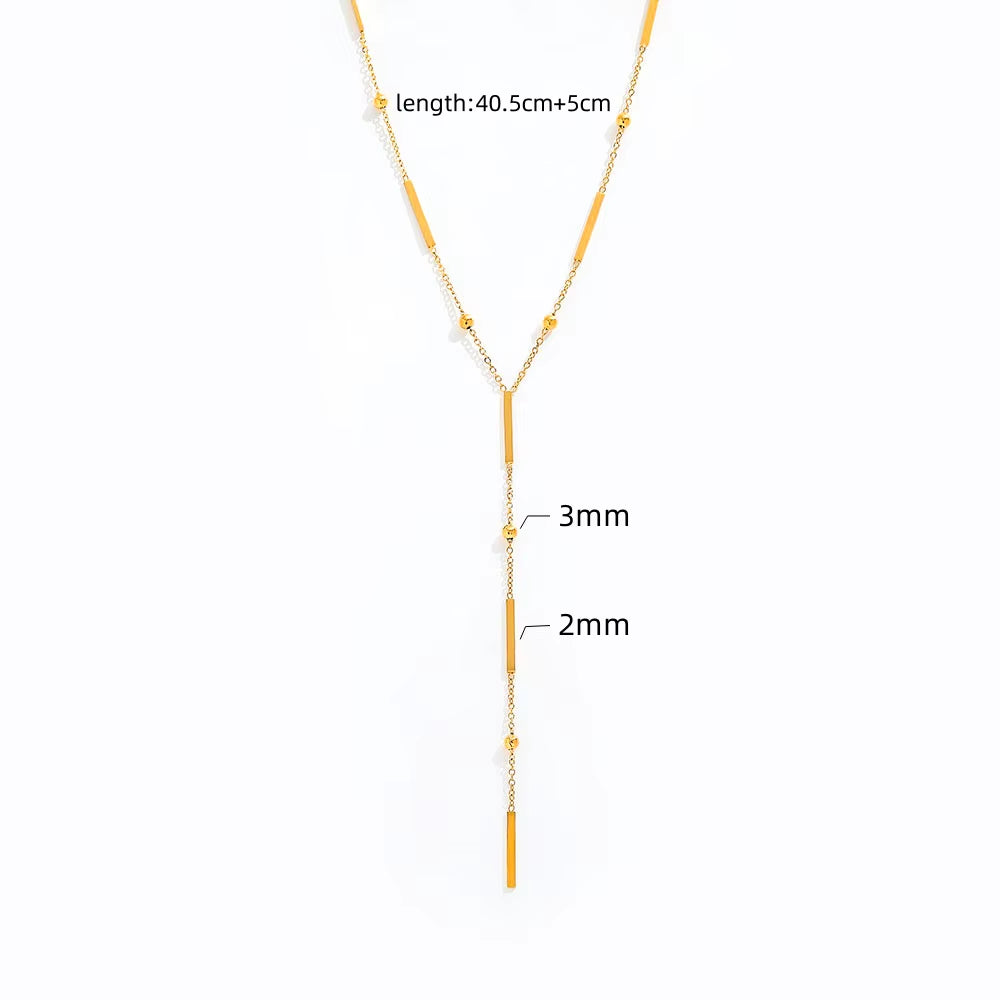 Joolim Jewelry Dainty Square Bar Bead Y Tassel Pendant Necklace 18K Gold Plated Stainless Steel Trendy Necklace