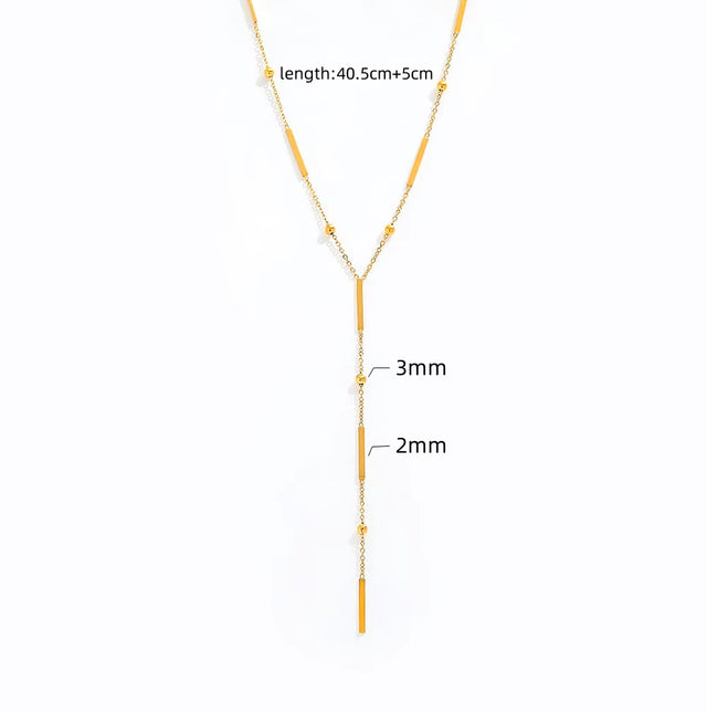 Joolim Jewelry Dainty Square Bar Bead Y Tassel Pendant Necklace 18K Gold Plated Stainless Steel Trendy Necklace