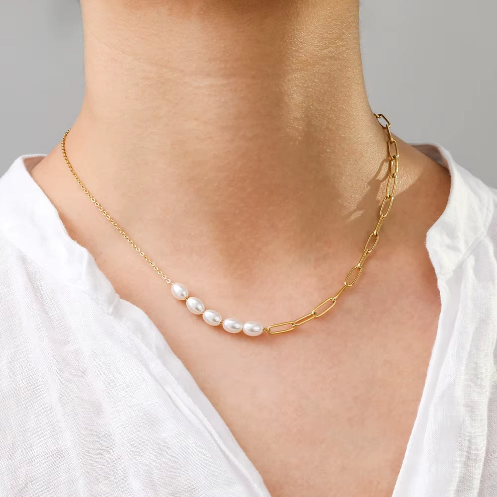 High End 18K Gold Plated Jewelry Wholesale Pearl Paper Pin Mixed Chain Necklace Asymmetric Stainless Steel Fashion Jewelry
