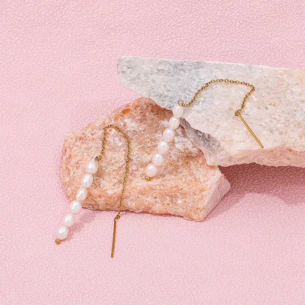 New Trendy Earring 18K Gold Plated Pearl Chain Tassel Drop Earrings for Women Stainless Steel Wholesale Piercing Jewelry