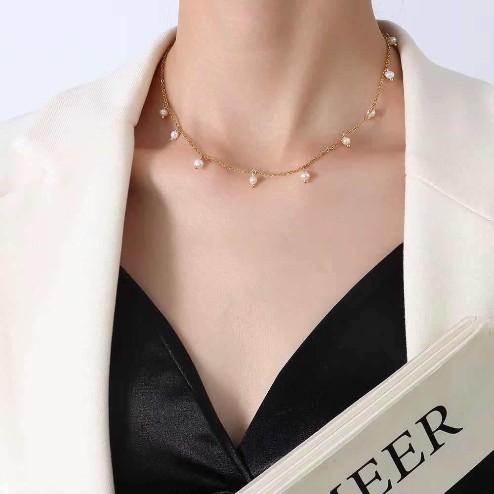 JOOLIM Ready to Ship High End 18K Gold Plated Stainless Steel Fresh Water Pearl Dangle Necklace
