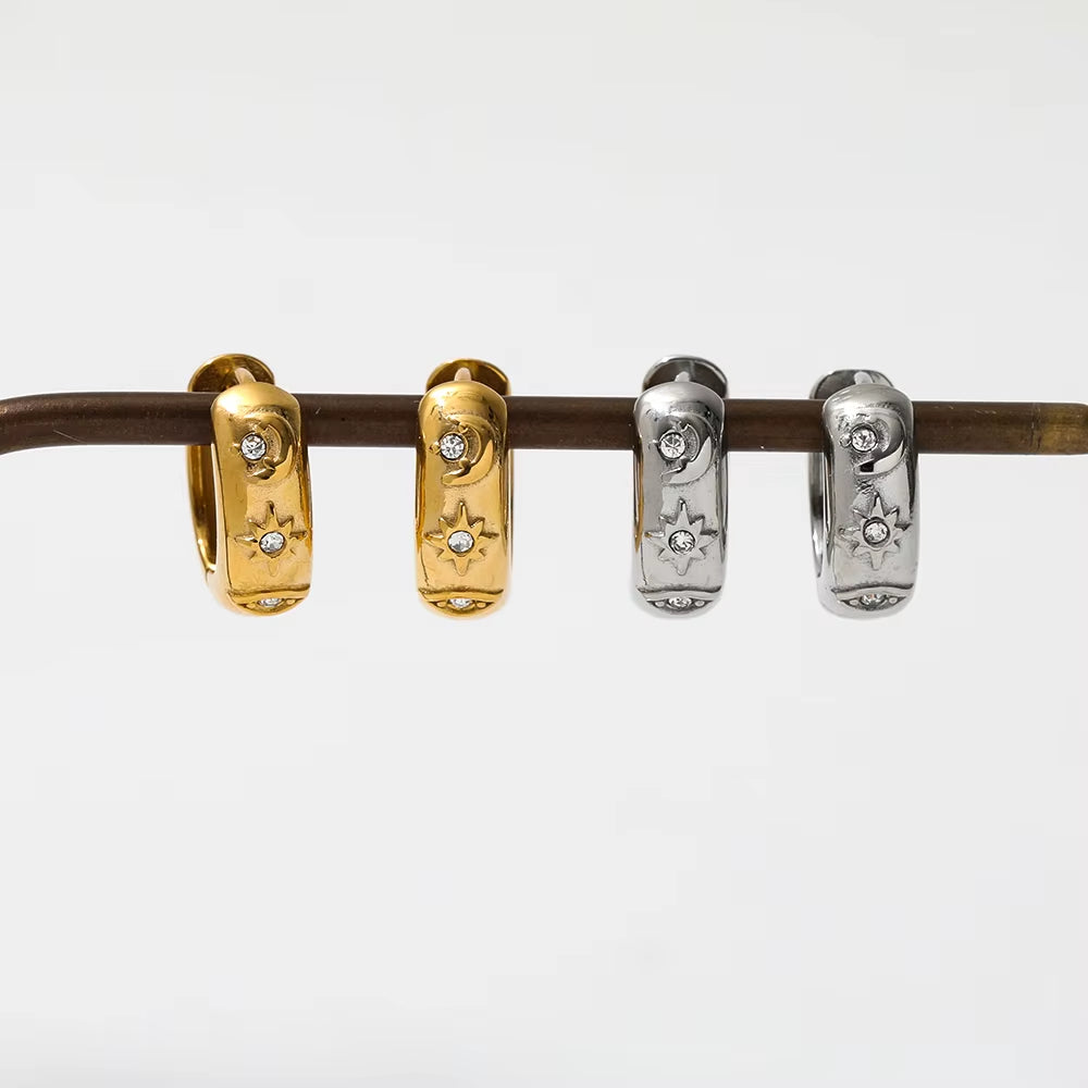 New Trendy Earring 18K Gold Plated Dainty CZ Moon Star Eye Stainless Steel Hoop Earrings for Women