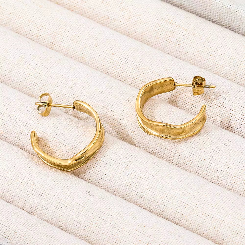 JOOLIM High End 18K Gold Plated Band C Wrinkle Chunky Hoop Earring Jewelry Stainless Steel for Women