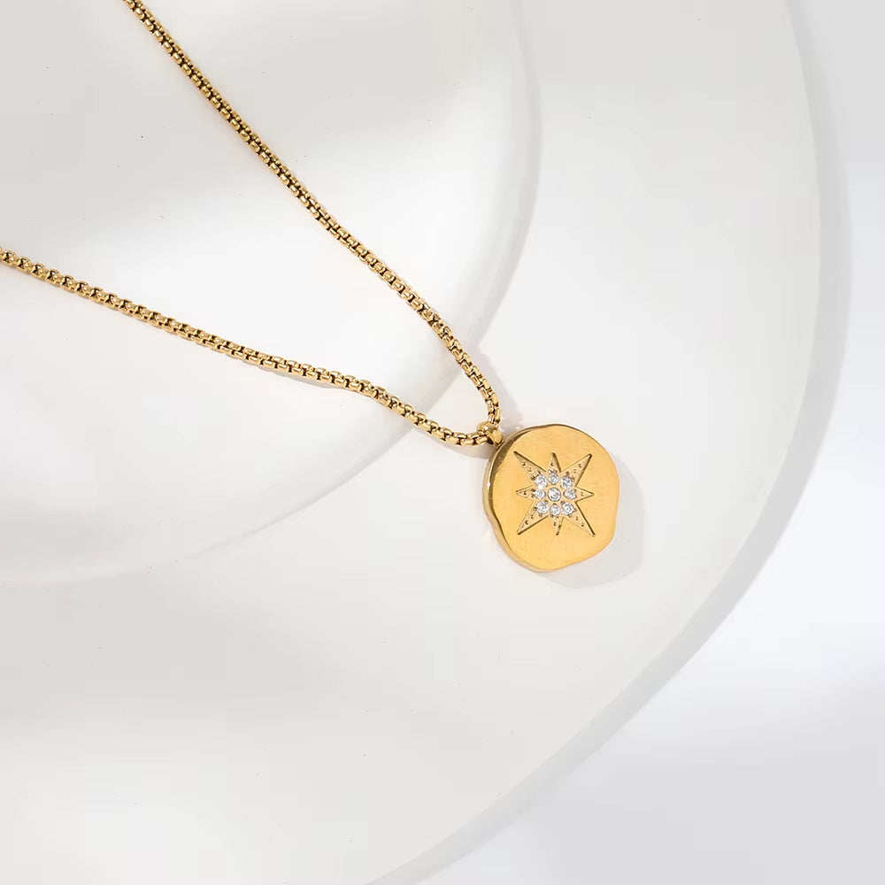 18K Gold Plated Starburst Stainless Steel Pendant Necklace Trendy Jewelry Dainty Pendant Necklace