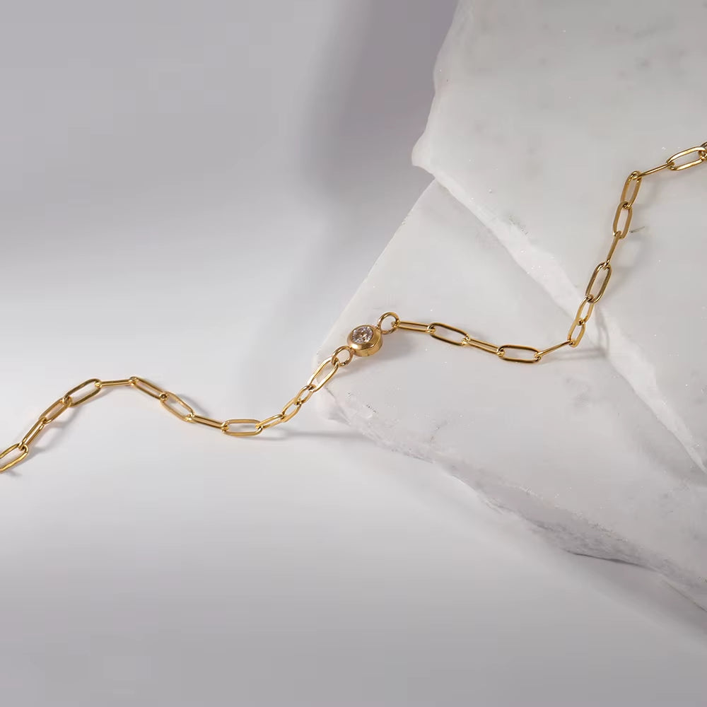 18K PVD Gold Plated Waterproof Stainless Steel Paper Clip Chain round Zirconia Bracelet for Women Wholesale Jewelry
