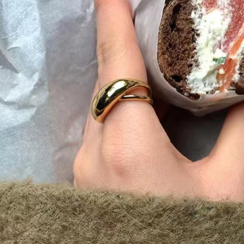 Joolim Jewelry 18K Gold Plated Waterproof Tarnish Free Stainless Steel Chunky Double-Layer Cross Dome Rings for Women