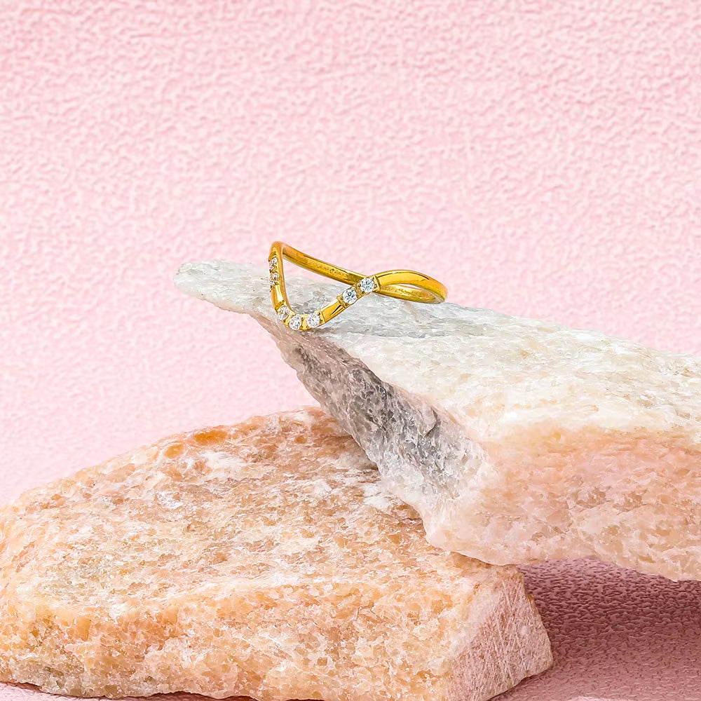 Joolim Jewelry Wholesale 18K Gold Plated Dainty 8 Zirconia CNC Inlay Waved Lines Stainless Steel Ring for Women Gift