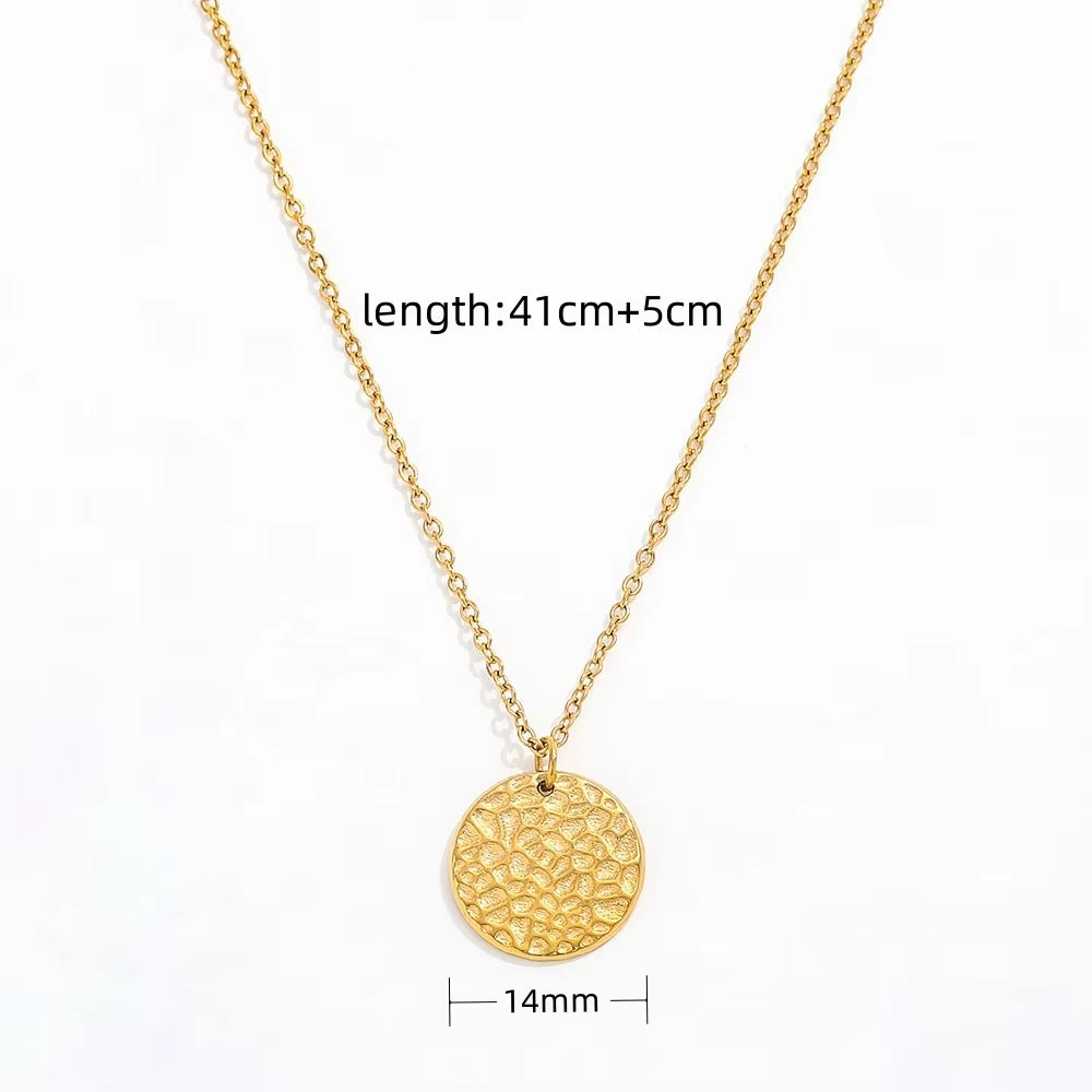 Joolim Hot Sale 18K PVD Gold Plated Waterproof Tarnish Free Hammered round Circle Coib Pendant Stainless Steel Necklace