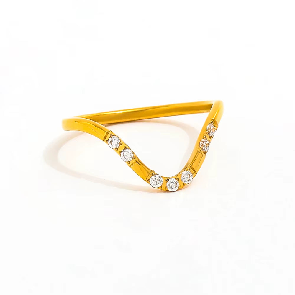 Joolim Jewelry Wholesale 18K Gold Plated Dainty 8 Zirconia CNC Inlay Waved Lines Stainless Steel Ring for Women Gift