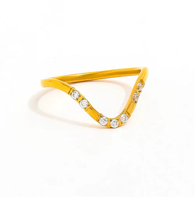 Joolim Jewelry Wholesale 18K Gold Plated Dainty 8 Zirconia CNC Inlay Waved Lines Stainless Steel Ring for Women Gift