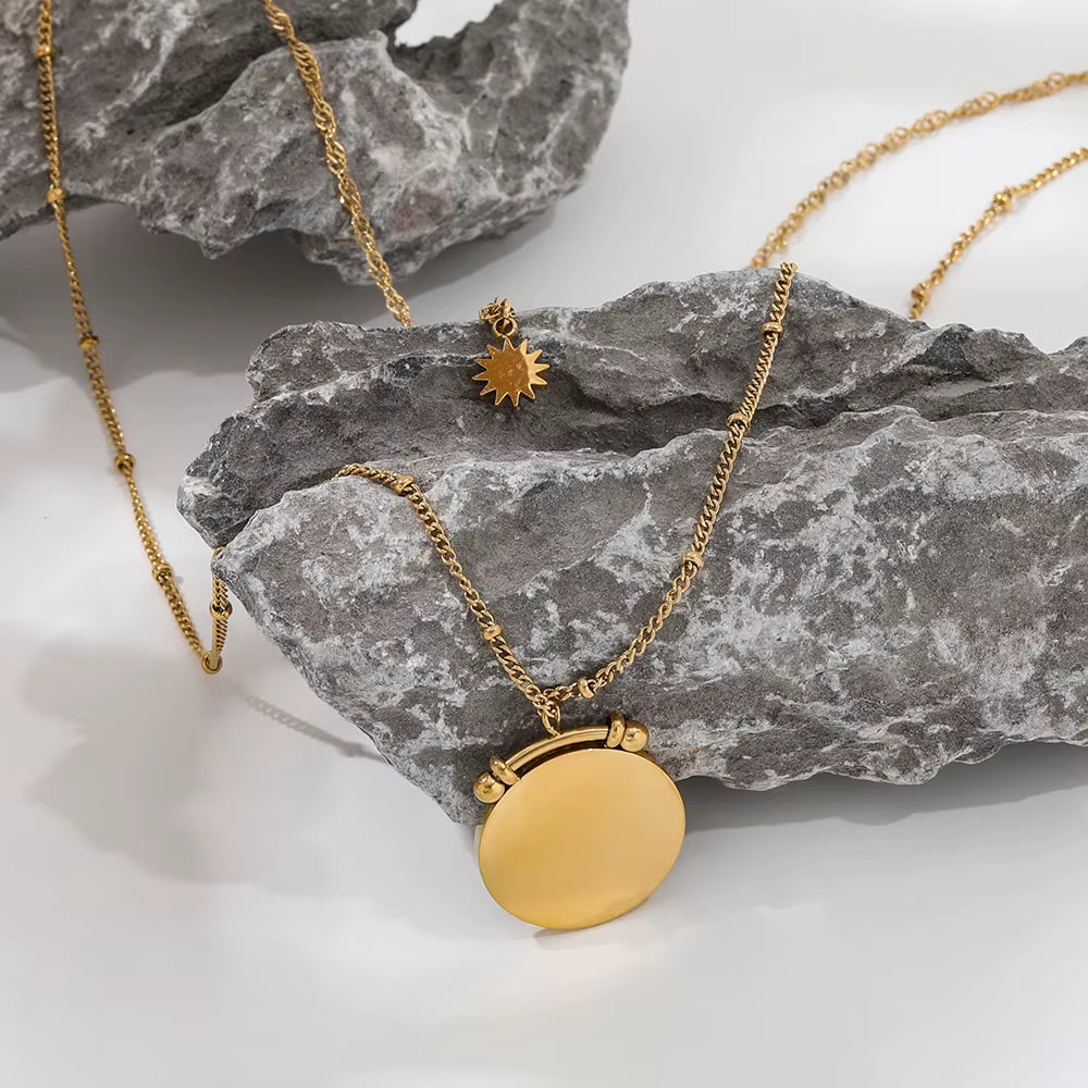 Joolim Jewelry Gold Plated Stainless Steel Layered Coin Pendant Necklace Trendy Necklace Wholesale
